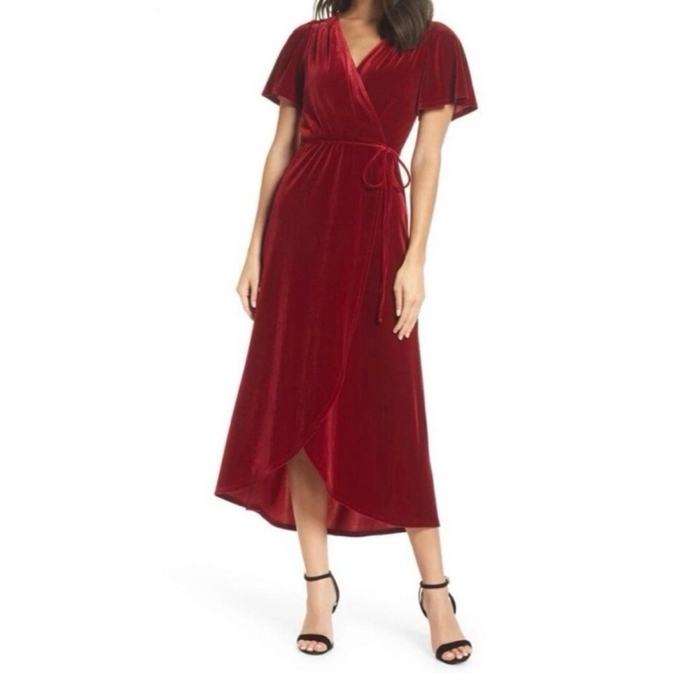 Chelsea28 Red Velvet Flutter Sleeve Midi Wrap Dress